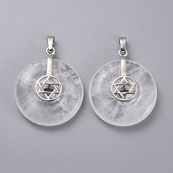 Quartz Crystal Natural Quartz Crystal Pendants, for Jewish, with Platinum Tone Brass Findings, Donut/Pi Disc with Star of David, 35.5x30x8.5~9.5mm, Hole: 4.5x6.5mm