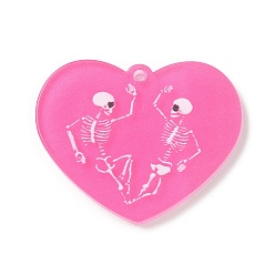 Ярко-Розовый Акриловые подвески с принтом на хэллоуин, сердце с рисунком черепа, ярко-розовый, 36.5x29.5x2.5 мм, отверстие : 1.8 мм