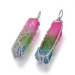 Colorful Electroplate Natural Quartz Crystal Big Wire Wrapped Pendants, with Brass Findings, Bullet, Platinum, Colorful, 45~77x12~22x10~20mm, Hole: 4~7mm