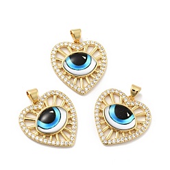 Голубой Подвески в форме сердца из латуни с прозрачным кубическим цирконием, с полимерным глазным яблоком, без кадмия, без никеля и без свинца, реальный 18 k позолоченный, голубой, 24x23x5 мм, отверстие : 3.5x5 мм