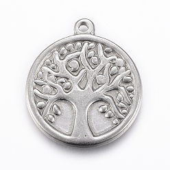 Edelstahl Farbe Anlaufgeschützt 304 Anhänger aus Edelstahl, flach rund mit Baum des Lebens, Edelstahl Farbe, 30x26x2.5 mm, Bohrung: 2 mm
