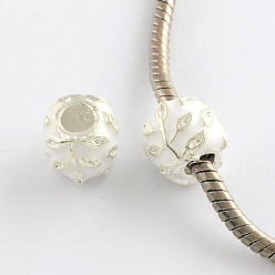 White Alloy Enamel Style Rondelle Large Hole Beads, Silver Color Plated, White, 10.5x9mm, Hole: 4.5mm