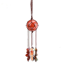 Red Jasper Round Natural Red Jasper Pouch Pendant Decorations, Braided Thread and Gemstone Chip Tassel Hanging Ornaments, 210x30mm