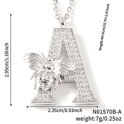 Letter A Ожерелья с подвесками из латуни с прозрачным кубическим цирконием и микропаве, платина, буква a, 15.75 дюйм (40 см), Кулон : 29.5x23.5 мм