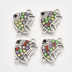 Colorful Alloy Links connectors, with Resin and Rhinestone, Fish, Antique Silver, Colorful, 22x15.5x2mm, Hole: 1.8mm