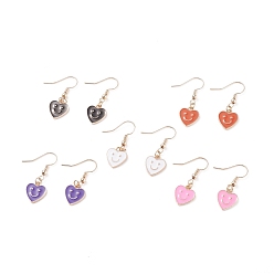 Mixed Color Heart with Smiling Face Enamel Dangle Earrings, Brass Drop Earrings for Women, Mixed Color, 32mm, Pin: 0.7mm