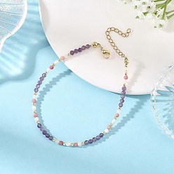 Amethyst Natural Rainbow Moonstone & Rhodonite & Amethyst Faceted Round and Potato Natural Pearl Beaded Anklets, Golden, 8-5/8 inch(220mm)