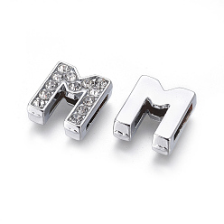 Letter M Alloy Initial Slide Charms with Grade A Rhinestones, Lead Free & Nickel Free, Platinum, Letter.M, 12~13x8~13x4~5mm, Hole: 8x2mm