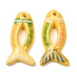 Yellow Handmade Porcelain Big Pendants, Hand Painted, Famille Rose Porcelain, Fish Charms, Yellow, 65x32x10mm, Hole: 5.5mm