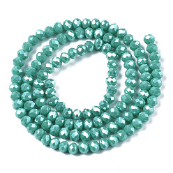 Medium Turquoise Electroplate Glass Beads Strands, Pearl Luster Plated, Faceted, Rondelle, Medium Turquoise, 3.5x3mm, Hole: 0.4mm, about 123~127pcs/strand, 13.7~14.1 inch(35~36cm)