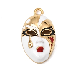 White 304 Stainless Steel Enamel Pendants, Masquerade Face Charm, Ion Plating(IP), Long-Lasting Plated, Real 18K Gold Plated, White, 30x17.5x9mm, Hole: 2.5mm