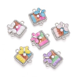 Платина Подвески-коннекторы из сплава кристаллов горного хрусталя и искусственного жемчуга ABS, эмалированный прямоугольник со звеньями-бабочками, разноцветные, платина, 20x18x4~4.5 мм, отверстие : 2 мм
