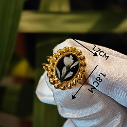 Белый 304 Кольца-манжеты из нержавеющей стали с эпоксидной смолой и высушенными цветами, золотые, овальные, белые, внутренний диаметр: регулируемый