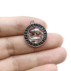 Рыбы Подвески из сплава со стразами на тему созвездий, плоские круглые прелести, с эмалью, серебряные, Рыбы, 24x21 мм