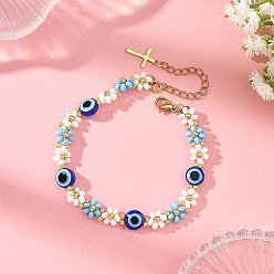 Oro Pulseras de resina azul con forma de flor de ojo turco y cuentas de vidrio para mujer, dorado, 7.48 pulgada (19 cm)