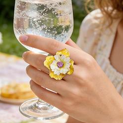 Champagne Yellow Iron & Plastic & Enamel Cuff Open Rings, Flower, Golden, Champagne Yellow, 18mm