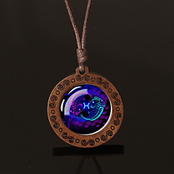 Рыбы Плоский круглый с двенадцатью созвездиями подвеска из синего стекла и дерева ожерелье из вощеной кожи шнур для женщин и мужчин, Рыбы, 16.93~33.86 дюйм (43~86 см)