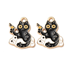 Черный Подвески из эмали и сплава, подвески в форме кошки, золотой свет, чёрные, 20x17x1.5 мм, отверстие : 1.8 мм