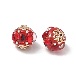 Red Alloy & Resin & Polymer Clay Beads, Bumpy Rondelle with Flower, Golden, Red, 17x19.5x18.5mm, Hole: 1.8mm