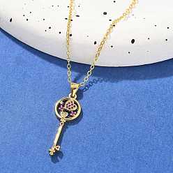 Средний Фиолетово-красный Латунные микропаве кубические цирконии сердце ключ подвеска ожерелья для женщин, реальный 18 k позолоченный, средне фиолетовый красный, 17.48 дюйм (44.4 см)