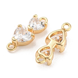 Real 18K Gold Plated Brass Pave Clear Cubic Zirconia Connector Charms, Double Heart Links, Real 18K Gold Plated, 17x7x4.3mm, Hole: 1.4 and 1.5mm