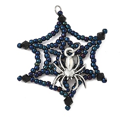 Морской Синий Подвески из стеклянных бусин в виде паутины на тему хэллоуина, с паучьими подвесками в тибетском стиле, Marine Blue, 43x33 мм, отверстие : 2.5 мм