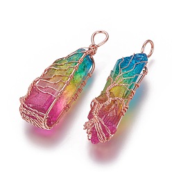 Colorful Electroplate Natural Quartz Crystal Big Wire Wrapped Pendants, with Brass Findings, Bullet, Rose Gold, Colorful, 45~77x12~22x10~20mm, Hole: 4~7mm