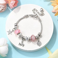 Pink Латунные европейские бусины браслеты с подвесками, платиновые браслеты-змейки для женщин, звезда и сердце и слово любовь, cmолой, розовые, 7-7/8 дюйм (20 см)