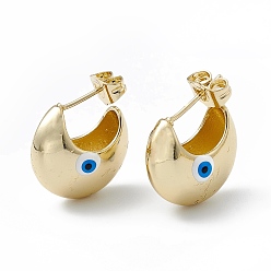 White Enamel Crescent Moon with Evil Eye Stud Earrings, Real 18K Gold Plated Brass Half Hoop Earrings for Women, White, 16.5x18mm, Pin: 1mm