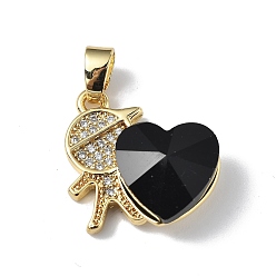 Black Real 18K Gold Plated Rack Plating Brass Micro Pave Clear Cubic Zirconia Pendants, with Glass, Long-Lasting Plated, Cadmium Free & Lead Free, Boy with Heart Charm, Black, 19.5x18x7.5mm, Hole: 5.5x3.5mm
