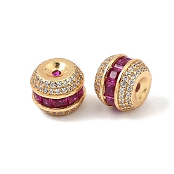 Chapado en Oro Real 18K 925 Cuentas de plata de ley con circonitas cúbicas de color rosa intenso engastadas, chapado en rack, larga duración plateado, tambor, real 18 k chapado en oro, 9.5x7.5 mm, agujero: 1.5 mm