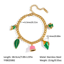 Лист Летний пляж 304 Браслеты с подвесками из нержавеющей стали с зеленой эмалью для женщин, золотые, 7-1/8 дюйм (18 см)