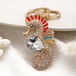 Красный Брелки со стразами из сплава, морской конек, красные, Кулон : 70x35 мм