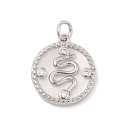 Платина Латунные микропаве прозрачные подвески с фианитом, с натуральной белой оболочкой и прыгающим кольцом, плоские круглые со змеей, платина, 18.5x16x3 мм, отверстие : 3.2 мм