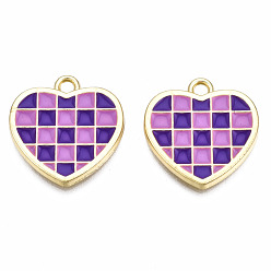 Indigo Rack Plating Alloy Checkerboard Pendants, with Enamel, Cadmium Free & Lead Free, Light Gold, Heart with Grid Pattern, Indigo, 18.5x18x2mm, Hole: 2mm