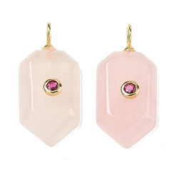 Cuarzo Rosa Natural aumentó colgante cuarzo, con micro latón allanan circonio cúbico, encanto hexagonal, facetados, chapado en rack, larga duración plateado, sin plomo y el cadmio, real 18 k chapado en oro, 32x15x6.5 mm, agujero: 4 mm