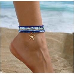 Синий Многослойные стеклянные бусины в виде морской звезды, браслет на лодыжку для женщин, бохо-ювелирные изделия летняя пляжная цепочка на щиколотку, синие, внутренний диаметр: 2-3/8 дюйм (6 см), 6 шт / комплект