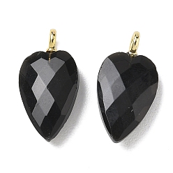Obsidian Natural Obsidian Pendants, Faceted Heart Charms, with Brass Finding, 23.5~24x12~12.5x5.5mm, Hole: 2.5mm