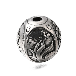 Античное Серебро Гравированные 304 бусины из нержавеющей стали, круглые с цветочным узором, античное серебро, 9.5 мм, отверстие : 1.8 мм