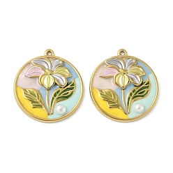 Круглые 304 подвески из нержавеющей стали, цветок, с эмалью и жемчугом, реальный 18 k позолоченный, ионное покрытие (ip), круглые, 27x24.5x3.5 мм, отверстие : 1.4 мм