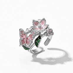 Platine Bagues ouvertes en alliage, émail et strass, fleur avec papillon, platine, 16mm