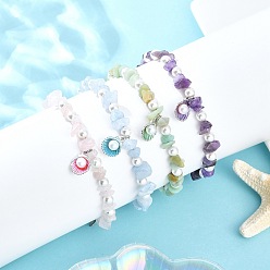 Платина 4 шт. 4 стили браслеты на ногу с бусинами из сплава, эмали и ракушки, белые круглые ракушки с жемчугом, натуральным розовым кварцем, цветком амазонита, окрашенным аквамарином и аметистом, разноцветные, платина, 9-5/8 дюйм (243 мм), 1 шт / стиль