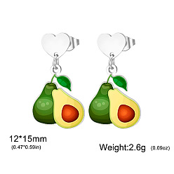 Avocado 304 Stainless Steel Stud Dangle Earrings, Fruits, Stainless Steel Color, Avocado, 12x15mm