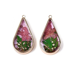 Pale Violet Red Epoxy Resin Pendants, Teardrop & Dried Flower Charms, with Sequins & Glitter Powder & Light Gold Plated Brass Edge and Loop, Pale Violet Red, 30.5x16x5~6mm, Hole: 1.6mm