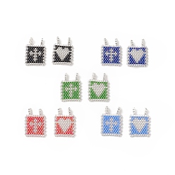Mixed Color 2Pcs 2 Style Handmade Loom Pattern MIYUKI Seed Beads, Rectangle with Cross & Heart Pattern Pendants, Mixed Color, 23x17x1.5mm, Hole: 1.8mm, 1Pc/style