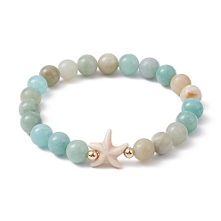 Flower Amazonite Эластичный браслет с натуральным цветком амазонита и бисером, внутренний диаметр: 2-3/8 дюйм (6.1 см)