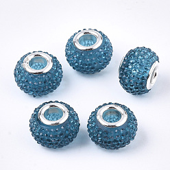 Teal Resin Rhinestone European Beads, Large Hole Beads, with Platinum Tone Brass Double Cores, Rondelle, Berry Beads, Steel Blue, 14x10mm, Hole: 5mm