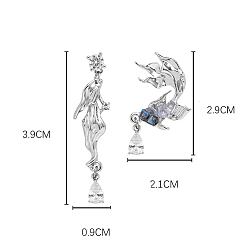 Платина Серьги-гвоздики из сплава рыбьего стекла, с прозрачным кубическим цирконием и 925 булавками из стерлингового серебра, платина, 29x21 мм