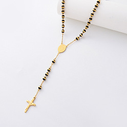 Negro Collares de rosario de columna de acero inoxidable vintage 304, Collares con colgante de cruz de la Virgen para mujer, dorado, negro, 19.69 pulgada (50 cm)