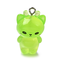Lawn Green Luminous Transparent Resin Pendants, Cat Charm, with Platinum Zinc Alloy Loop, Glow in the Dark, Lawn Green, 27.5x16x14mm, Hole: 2mm